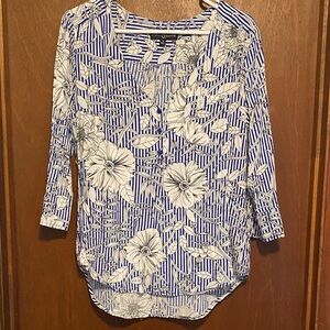 Fred David Blue and White Striped Floral Blouse